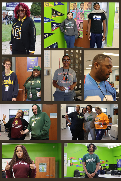 Students and staff wearing college attirering college shirts